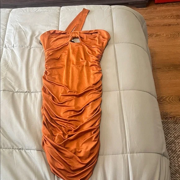 Rust One-Shoulder Ruched Dress - Picture 6 of 7